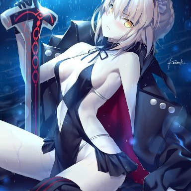 fate (series), fate/grand order, artoria pendragon, artoria pendragon (alter), kousaki rui, mitsuzaki (artist), blush, cleavage, female only, gloves, looking at viewer, maid, pale skin, swimsuit, sword