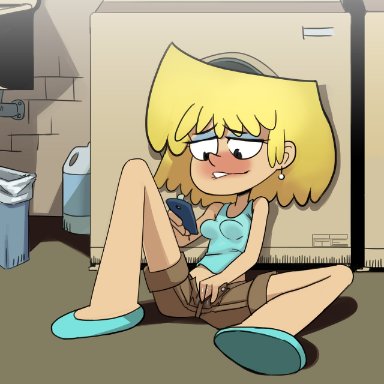 the loud house, lori loud, polyle, 1girls, blonde hair, cellphone, clothed, clothes, clothing, female, female only, looking pleasured, masturbation, pussy, shorts
