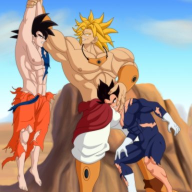 dragon ball, dragon ball z, broly, broly (dragon ball z) 1993, son goku, vegeta, heyohwhoa, 3boys, bulge, gay, humiliation, legendary super saiyan, male, male only, muscular