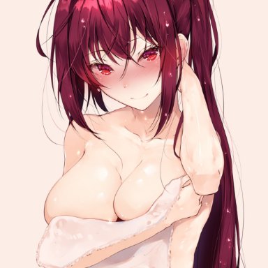 fate (series), fate/grand order, scathach (fate), hplay, bangs, breast hold, breasts, cleavage, closed mouth, collarbone, eyebrows visible through hair, female, large breasts, long hair, looking at viewer