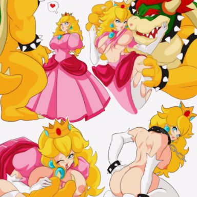 mario (series), nintendo, bowser, koopa, princess peach, nala1588, 1boy, 1girls, ass, big breasts, blonde hair, blue eyes, breast grab, breast squeeze, breasts