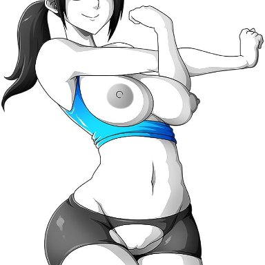 nintendo, wii fit, wii fit trainer, witchking00, 1girls, big breasts, black hair, breasts, breasts out, crotch cutout, exposed breasts, female, female only, open clothes, ponytail