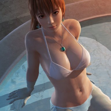 dead or alive, kasumi (doa), radianteld, 1girls, areola, areolae, big breasts, bikini, breasts, brown eyes, brown hair, cleavage, earrings, emerald (gem), female