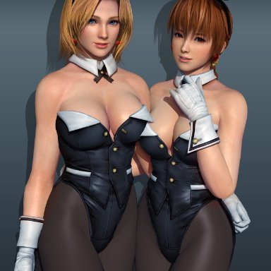 dead or alive, kasumi (doa), tina armstrong, radianteld, 2girls, areola, areolae, big breasts, blonde hair, blue eyes, breasts, brown eyes, brown hair, bunny costume, bunny ears