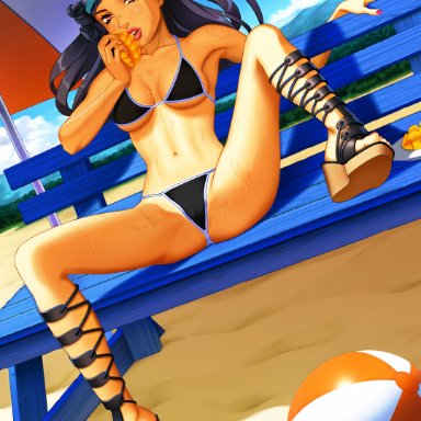 jojo's bizarre adventure, jojolion, karera sakunami, legendarysoulii, beach, bench, bikini, black hair, headscarf, legs apart, lips, long hair, looking at viewer, mango, nail polish