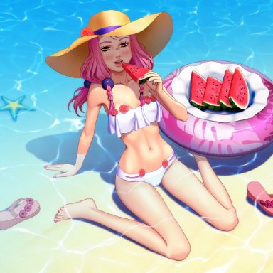 jojo's bizarre adventure, jojolion, yasuho hirose, legendarysoulii, beach, blush, flip flops, long hair, nail polish, orange eyes, pink hair, pool float, starfish, sun hat, swimwear