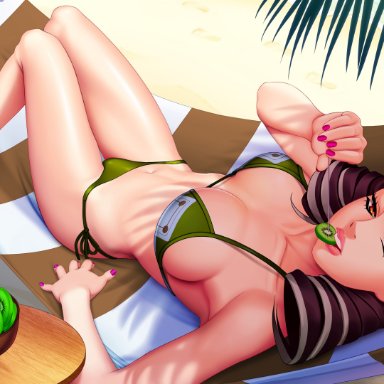 jojo's bizarre adventure, jojolion, higashikata kaato, kiwi, legendarysoulii, beach, bikini, black hair, eating, hair buns, hammock, lips, looking at viewer, milf, nail polish