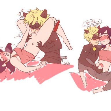 miraculous ladybug, adrien agreste, cat noir, marinette cheng, marinette dupain-cheng, shymoonpie, blush, closed eyes, dickgirl, fellatio, futa on male, futanari, hand in hair, hand on head, handjob