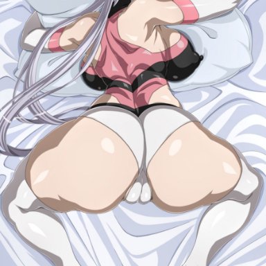 senki zesshou symphogear, yukine chris, goridou, 1girls, ass, backboob, big ass, big breasts, big butt, blush, breasts, covered nipples, erect nipples under clothes, female, hugging pillow