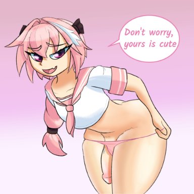 fate (series), fate/grand order, astolfo (fate), cuadraws, 1boy, crossdressing, femboy, flaccid, girly, hung trap, josou seme, large penis, looking at viewer, male, male only