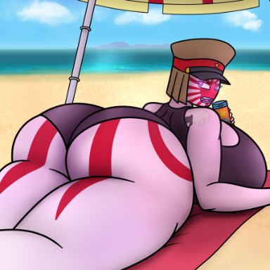 countryhumans, countryhumans girl, japanese empire (countryhumans), ech0chamber, beach, bra, curvaceous, huge ass, huge breasts, military hat, red blanket, sunscreen, thick thighs, umbrella, underwear