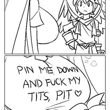 kid icarus, nintendo, palutena, pit, matsu-sensei, big breasts, breasts, brown hair, female, funny, green hair, long hair, male, oblivious, shirt