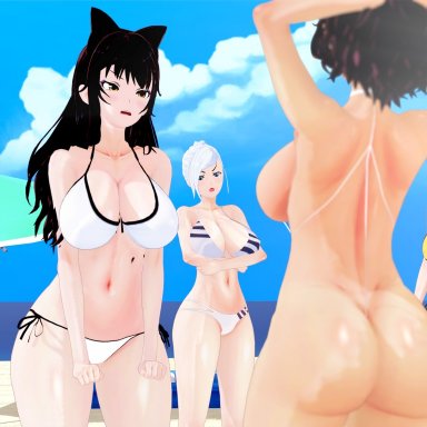 rwby, blake belladonna, kali belladonna, weiss schnee, winter schnee, yang xiao long, oneofmillions, angry, ass, beach, bikini, casual, clothing, faunus, female