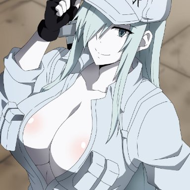 cells at work, cells at work code black, hataraku saibou, hataraku saibou black, u-1196, hara (harayutaka), 1girls, big breasts, cleavage, huge breasts, no bra, pale skin, solo, solo female, white hair