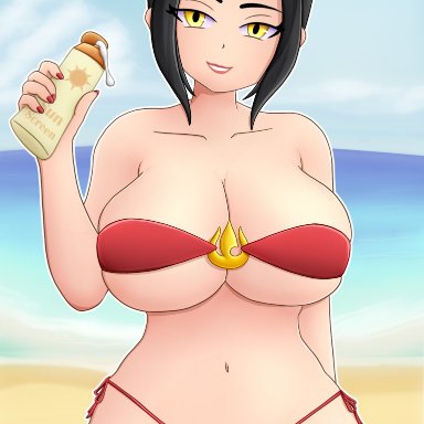 avatar the last airbender, nickelodeon, azula, depthsofmind, 1girls, alternate breast size, beach, bikini, black hair, breast press, breasts, cleavage, female, female only, fire nation