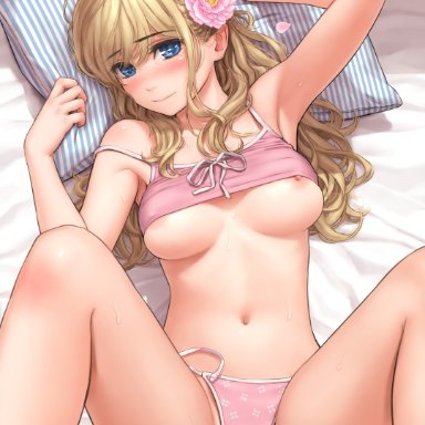 homunculus (artist), undercover brothers, areola slip, areolae, armpits, bed, bed sheet, blonde hair, blue eyes, blush, bra, breast ripple, breast slip, breasts, breasts apart