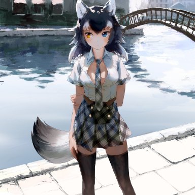 kemono friends, grey wolf (kemono friends), treeware, animal ears, arm behind back, between breasts, black legwear, black necktie, black neckwear, black skirt, blue eyes, blush, breasts, bridge, day