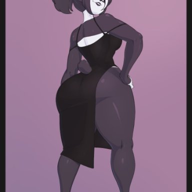 vivian vivi (skecchiart), skecchiart, 1girls, anthro, back view, black hair, curvaceous, dress, female, female only, hand on hip, heels, looking at viewer, looking back, panda