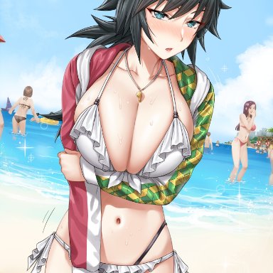 demon slayer, kimetsu no yaiba, tomioka giyuu, yakimi 27, arm under breasts, beach, big breasts, bikini, black hair, blue eyes, blush, breasts, cleavage, detailed background, eye contact