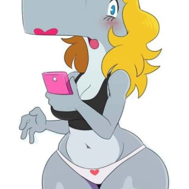 nickelodeon, spongebob squarepants, pearl krabs, sssonic2, anthro, big breasts, blonde hair, blush, embarrassed, female, female only, no pants, panties, phone, sports bra