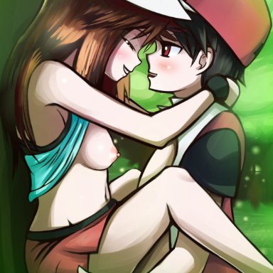 pokemon, pokemon rgby, green (pokemon), leaf (pokemon), red (pokemon), 1boy, 1girls, against tree, black hair, blush, breast out, breast outside, breasts, breasts out, brown hair