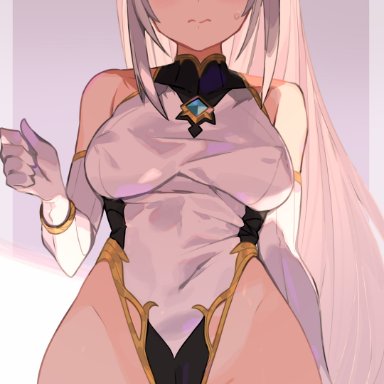 original, oc, original characters, spring2013, 1girls, adapted costume, bangs, bare shoulders, big breasts, blunt bangs, blush, breasts, cameltoe, covered navel, elbow gloves