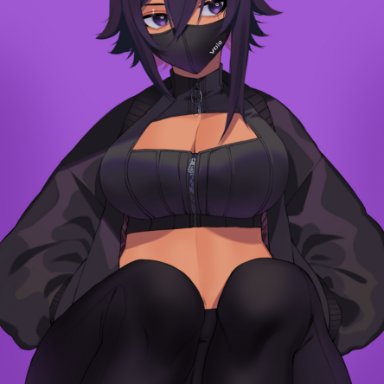 void, oc, lilycious, abs, asymmetrical hair, bangs, bare midriff, big breasts, black bra, black hair, black legwear, bra, choker, cleavage, dark hair