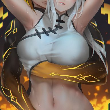 genshin impact, ningguang (genshin impact), zhongli (genshin impact), unfairr, 1boy, 1girls, armpits, arms up, biting lip, black hair, breasts, chinese clothes, closed eyes, curvaceous, curves