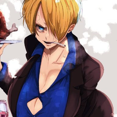 one piece, sanji, vinsmoke sanji, kiss and fafa, blonde hair, blue eyes, breasts, bursting breasts, cigarette, curly eyebrow, glaring, holding food, large breasts, looking at viewer, nipples visible through clothing