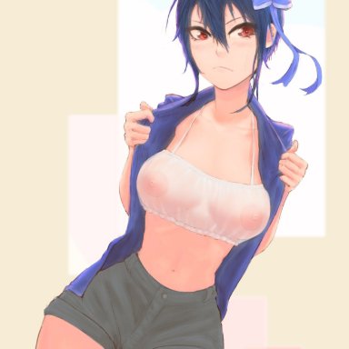 nisekoi, tsugumi seishirou, yamisouls, 1girls, belly, belly button, big breasts, blue hair, blush, breasts, denim shorts, female, female only, looking at viewer, navel