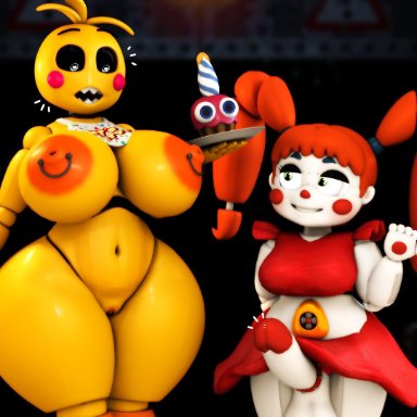 five nights at freddy's, five nights at freddy's 2, baby (fnafsl), circus baby, circus baby (fnaf), cupcake (fnaf), huge toy chica, lovetaste chica, toy chica (fnaf), toy chica (love taste), c4d max, anthro, balls, big breasts, cock