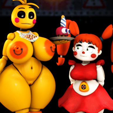 five nights at freddy's, five nights at freddy's 2, baby (fnafsl), circus baby, circus baby (fnaf), cupcake (fnaf), huge toy chica, lovetaste chica, toy chica (fnaf), toy chica (love taste), c4d max, anthro, big breasts, cupcake, heart-shaped pupils
