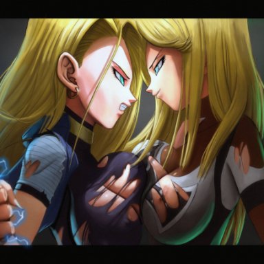 dragon ball, dragon ball super, shounen jump, android 18, super android 18, elitenappa, 2girls, big breasts, blonde hair, blue eyes, breast press, breasts pressed together, cleavage, clone, competition