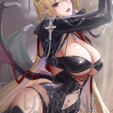 original, tsuki no i-min, arms up, ass, belly button, black clothing, black legwear, blonde hair, bondage, breasts, chains, cleavage, corset, cross, demon