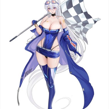 azur lane, enterprise (azur lane), tsuki no i-min, asymmetrical sleeves, bare shoulders, belt, black panties, bracelet, breasts, checkered flag, choker, cleavage, clothing cutout, eyewear on head, female