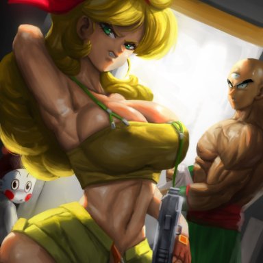 dragon ball, bad launch, chiaotzu, launch, lunch (dragon ball), tenshinhan, tien shinhan, elitenappa, 1girls, 2boys, armpits, big breasts, blonde hair, cleavage, female