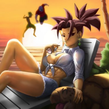 dragon ball, dragon ball super, cabba, hit (dragon ball), kefla, elitenappa, 1girls, 2boys, abs, big breasts, black eyes, black hair, cleavage, drinking straw, female