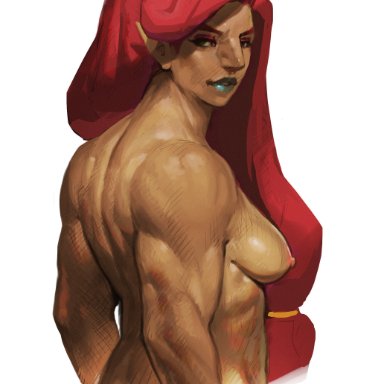 breath of the wild, the legend of zelda, gerudo, urbosa, proofspice, 1girls, bare back, big nose, blue lipstick, breasts, brown skin, bust, long hair, looking back, muscles