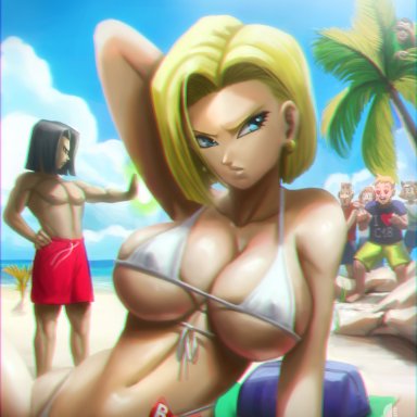 dragon ball, android 17, android 18, elitenappa, beach, big breasts, bikini, blonde hair, blue eyes, curvy female, muscular male, posing, swimming trunks