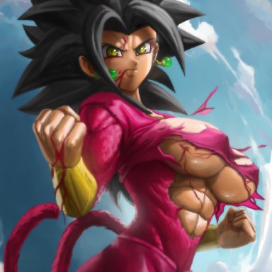 dragon ball, dragon ball gt, dragon ball super, kefla, elitenappa, 1girls, breasts, covered nipples, female, female only, fur, huge breasts, solo, super saiyan 4, tail