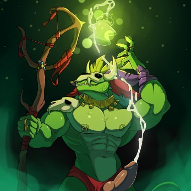 terraria, lihzahrd, witch doctor (terraria), andrefil360, anthro, balls, bodily fluids, bone, bottomwear, clothing, cum, erection, genital fluids, genitals, green skin