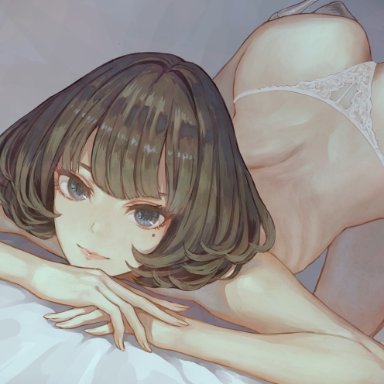 idolmaster, the idolm@ster, takagaki kaede, kaoming, 1girls, ass, ass up, bangs, female only, green hair, heels, looking at viewer, modeling, on bed, on stomach