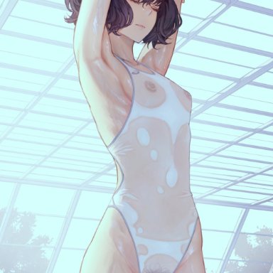 kaoming, bangs, closed eyes, dark hair, female pubic hair, nipples visible through clothing, one-piece swimsuit, pool, pubic hair, pussy visible through clothes, see-through, see-through swimsuit, stretching, wet, wet clothes