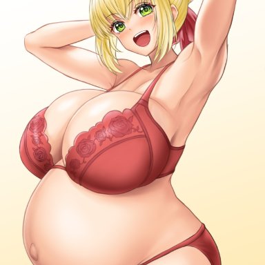 fate (series), fate/grand order, nero claudius (fate), dateoyoubun, ahoge, armpits, arms up, big breasts, blonde hair, blush, bra, cleavage, female, female only, green eyes