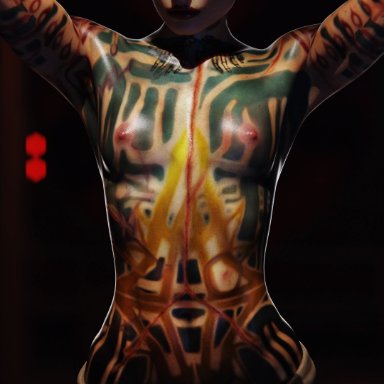 bioware, mass effect, mass effect 2, jack (mass effect), lynya, 1girls, areolae, arms up, breasts, fanart, female, female only, front view, full body tattoo, nipples