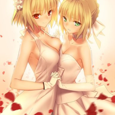 fate (series), fate/stay night, tsukihime, type-moon, arcueid brunestud, artoria pendragon, 2girls, ahoge, big breasts, blonde hair, breast press, breast size difference, breast squish, bride, choker