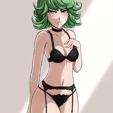 one-punch man, tatsumaki, mistowing, 1girls, annoyed, blush, collar, embarrassed, female, female only, garter belt, garter straps, green eyes, green hair, legwear