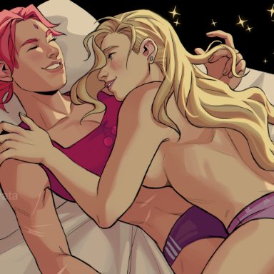 naruto, naruto (series), shounen jump, ino yamanaka, sakura haruno, vita-divata, 2girls, bed, blonde hair, blush, couple, cuddling, curvy, female, female only