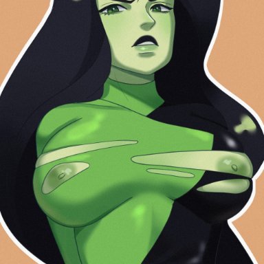 disney, disney channel, kim possible, shego, biby 24k, 1girls, areolae, big breasts, black hair, black lipstick, bodysuit, breasts, busty, clothed, clothed female