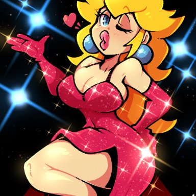 mario (series), nintendo, super mario all-stars, princess peach, toad (mario), legendofnerd, 1girls, big breasts, big lips, blonde hair, blue earrings, blue eyes, breasts, cleavage, clothed